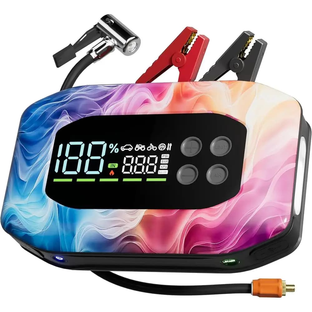 Avviatore d'emergenza portatile 12V per auto con compressore d'aria, gonfiatore pneumatici 150PSI, power bank 10000mAh - Nero