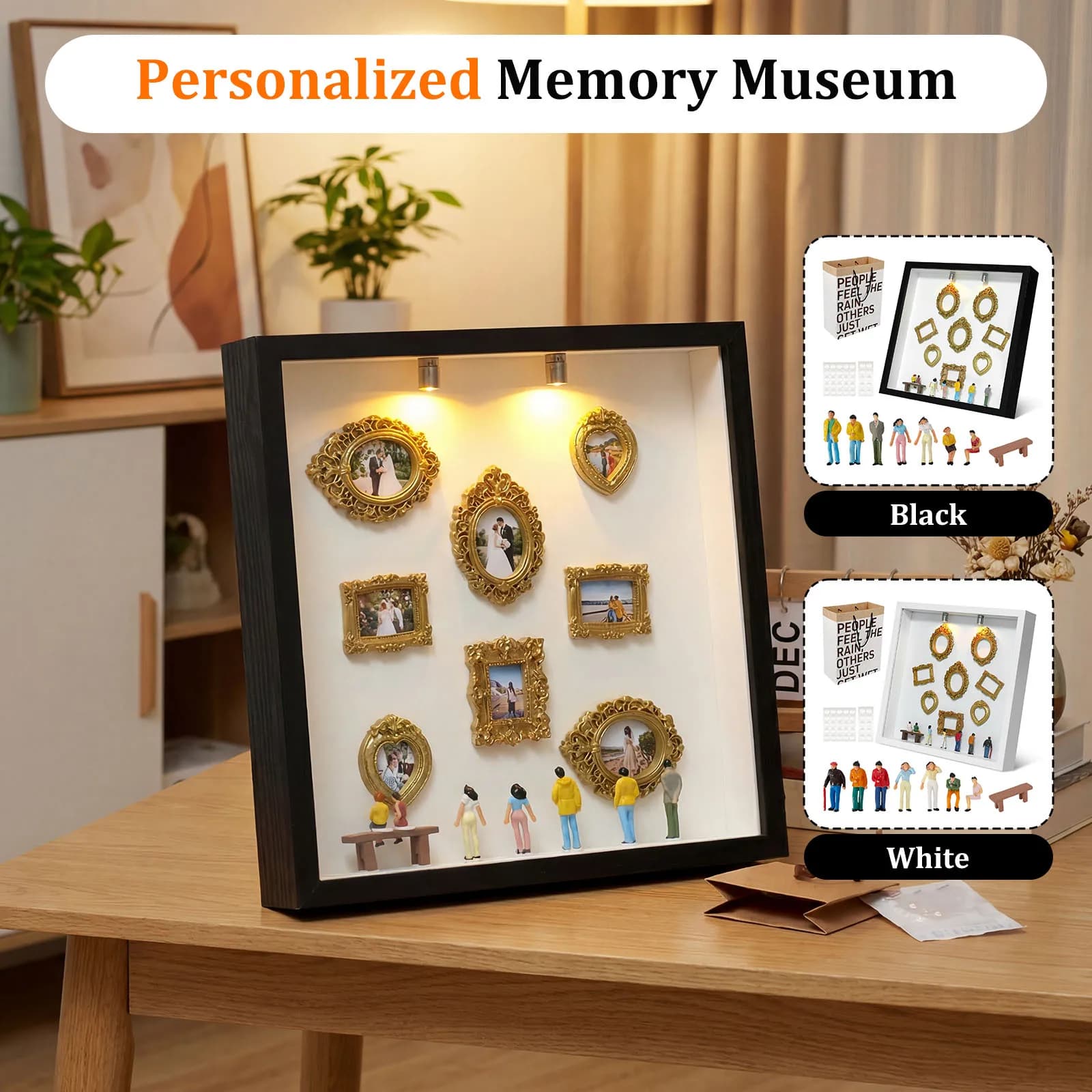 Mini Museum Photo Album Mini Museum Silhouette Box DIY Stylish Creative Memory Display Kit with Miniature Statue and Gold Frame