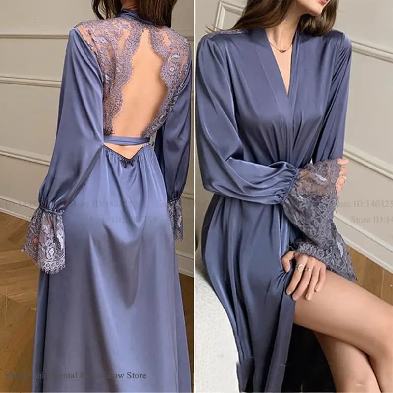 Donne Lungo Kimono Accappatoio Camicia Da Notte Sexy Backless Del Merletto Della Sposa Abito Da Sposa Abito di Seta del Ghiaccio Femminile Degli Indumenti Da Notte Loungewewar Homewear