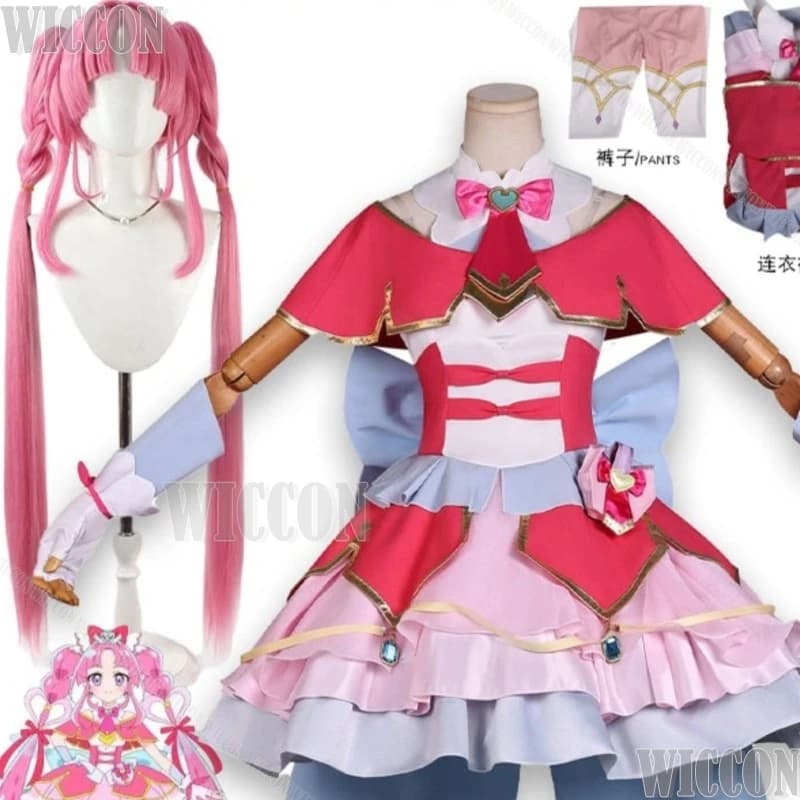 Costume Cosplay Star Detective Precure, Abito Lolita Rosa, Viola e Grigio con Parrucca, per Navidad e Carnevale