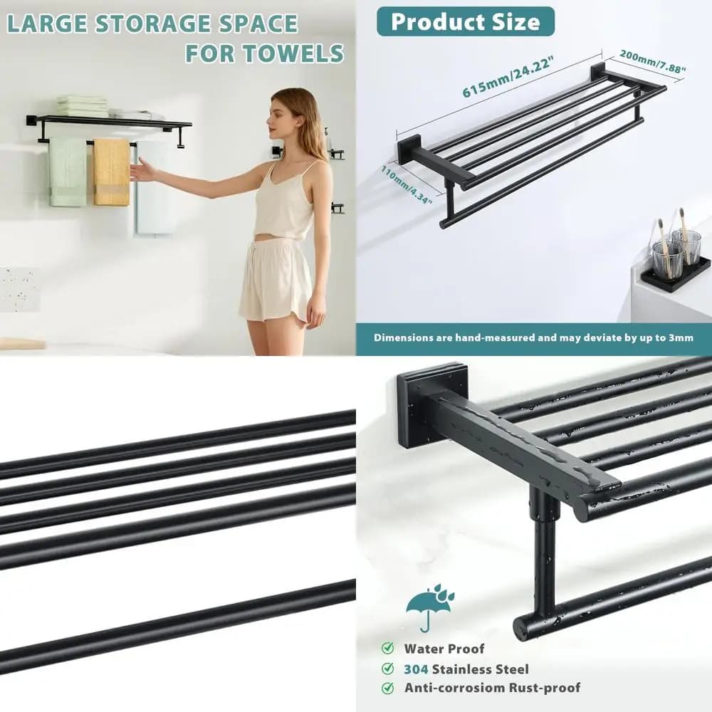 24 portasciugamani da parete, design a doppia barra, portasciugamani da bagno in acciaio inossidabile nero opaco