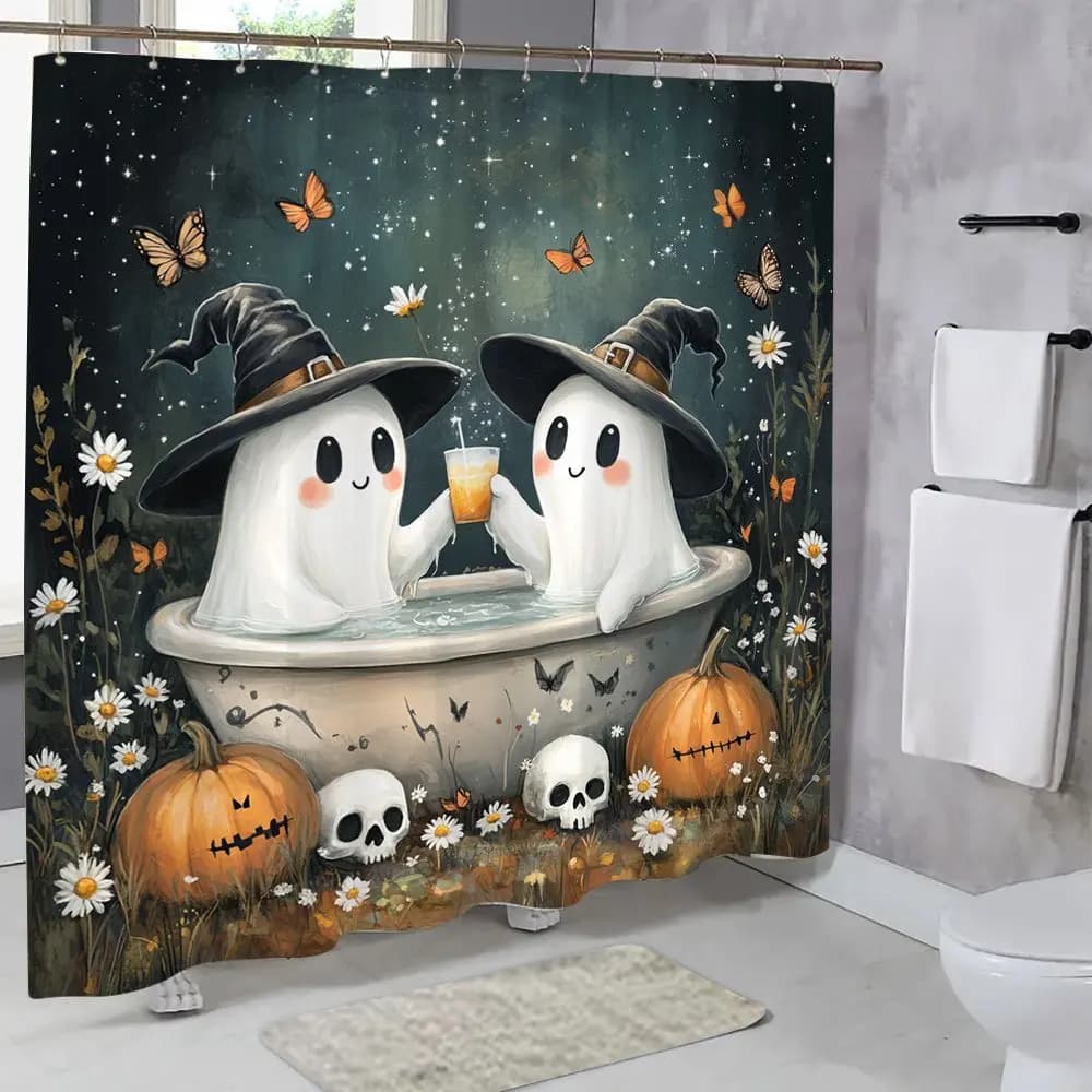 Tenda da doccia creativa di Halloween Animale Zucca Teschio Motivo floreale Decorazioni per il bagno Tessuto in poliestere