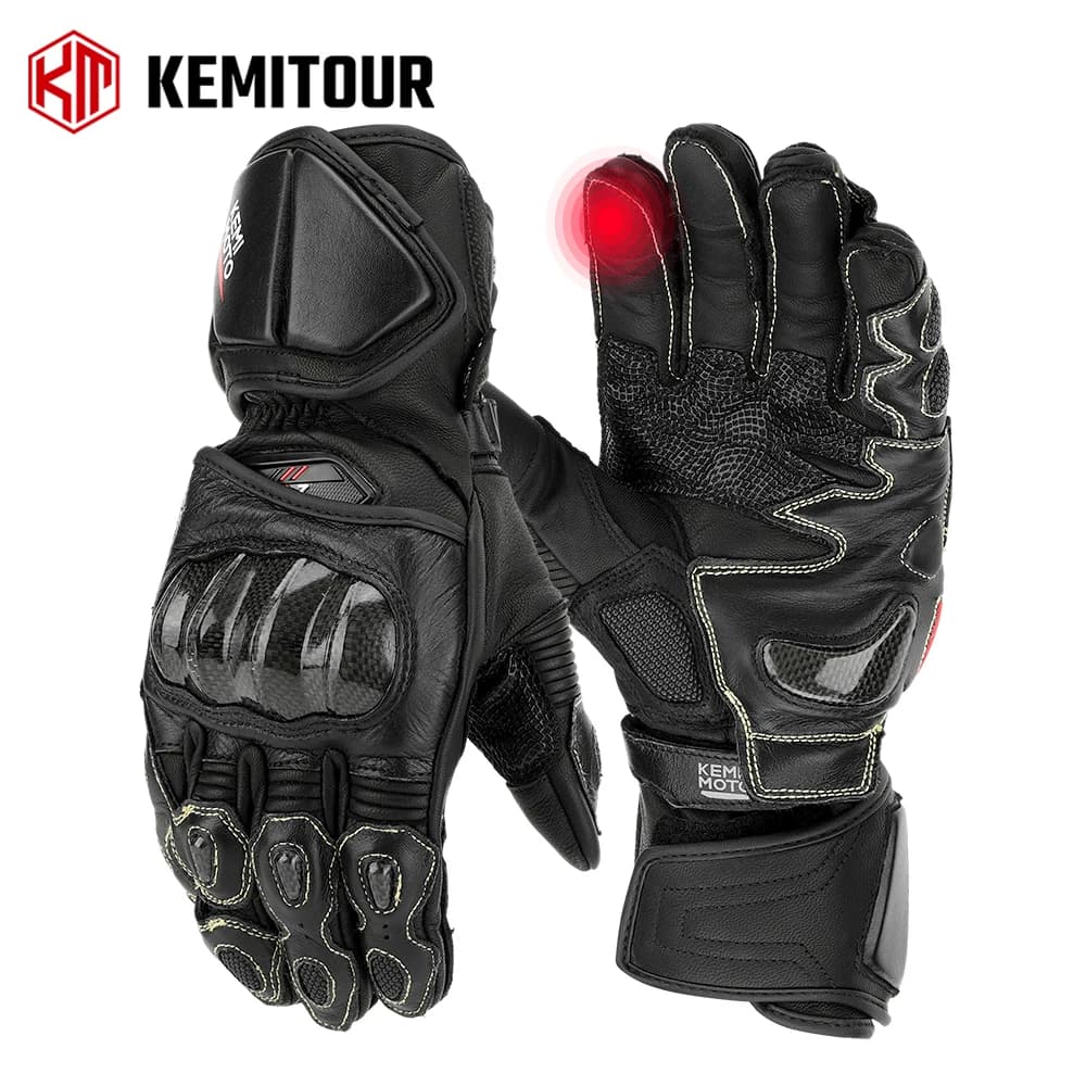 Guanti da Moto in Pelle KEMITOUR, Guanti da Corsa con Polsino Lungo per Autunno, Guanti Estivi con Protezione Nocche in Kevlar, Guanti Professionali da Moto per Uomo