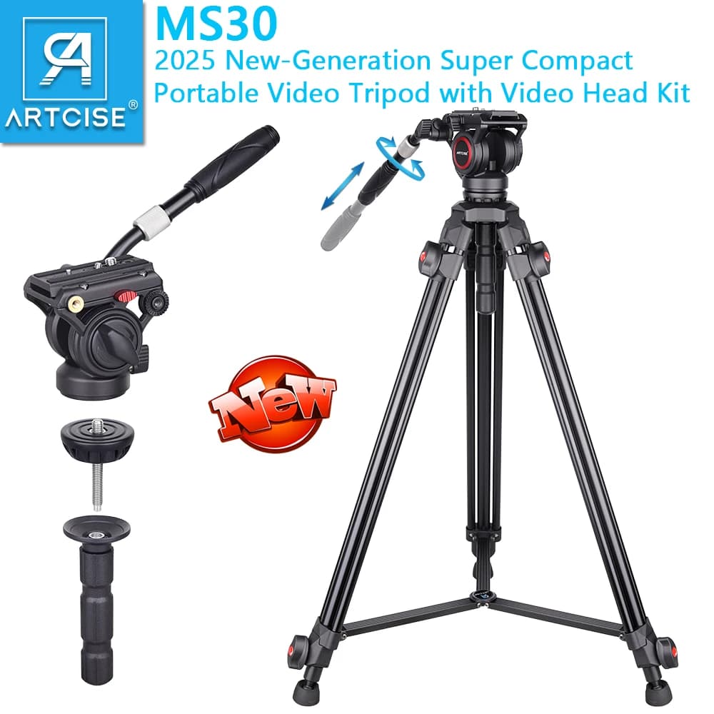 Treppiede per video con testa fluida ARTCISE MS30, treppiede in alluminio resistente, piastra a sgancio rapido compatibile con fotocamere DSLR e videocamere