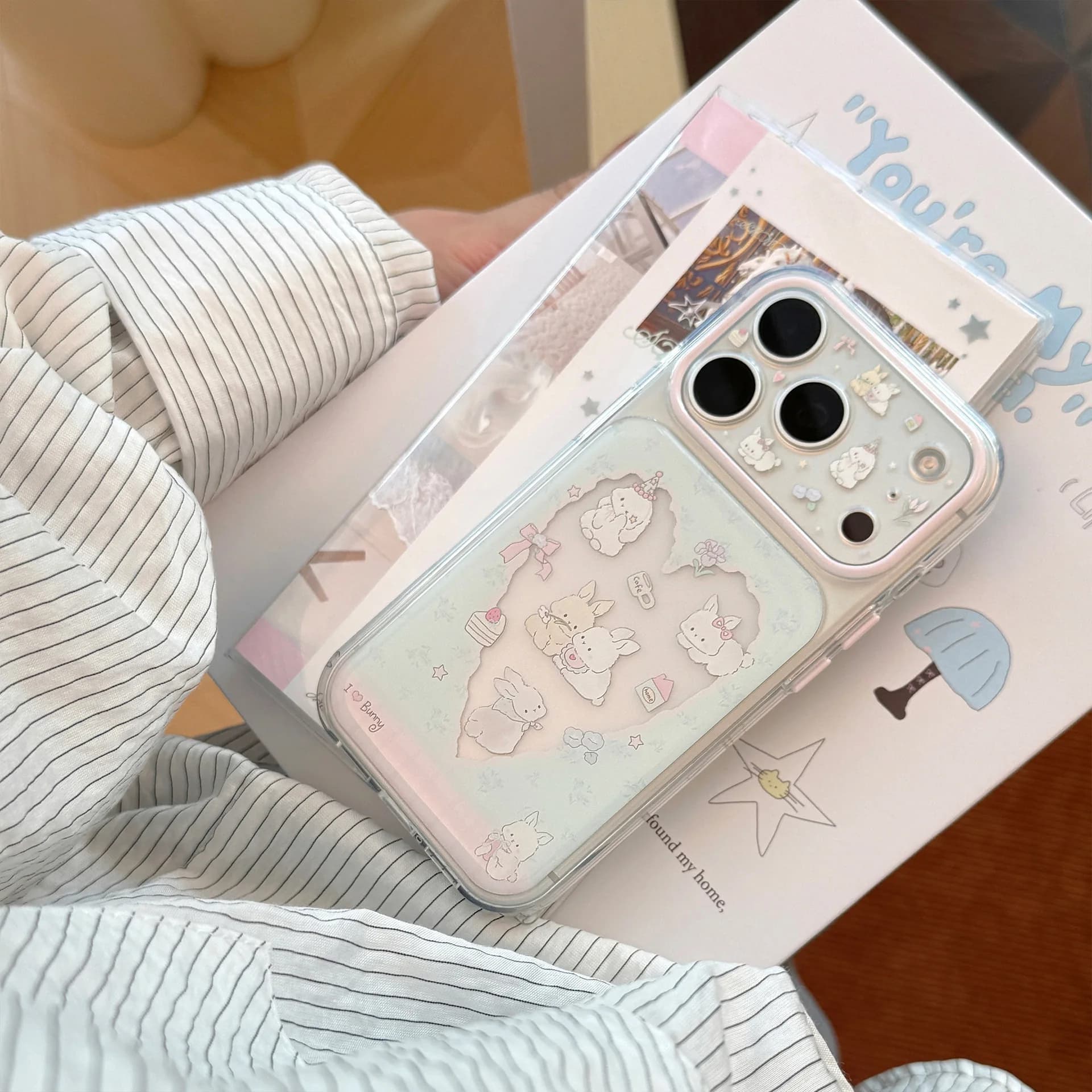 Korean Cartoon Bunny Hollow Out Love Heart Pattern Drop Glue Phone Case For iPhone 17 15 16 14 Pro Max Clear Shockproof Cover