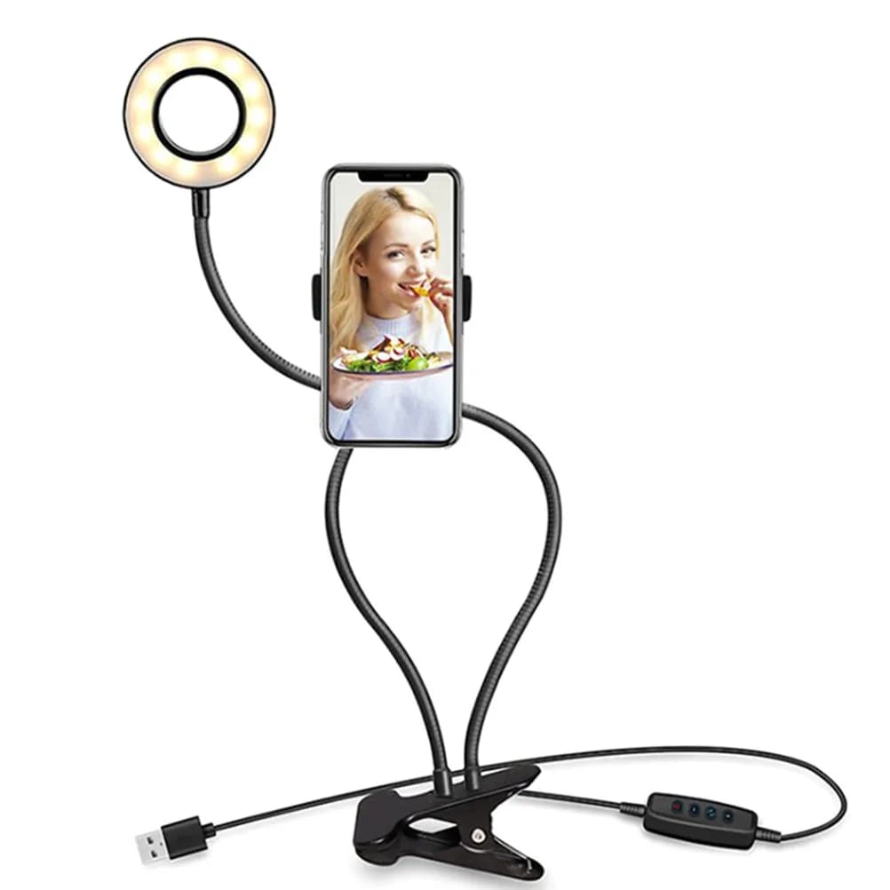Selfie Ring Lamp Smartphone Stand Clip Dimmable Tabletop Light Phone Holder Black Perfect Photography Video Makeup Fill