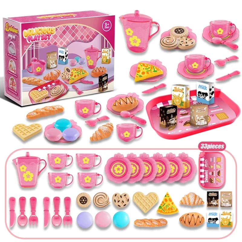 Set da tè giocattolo per bambine Set da tè per feste Giocattoli per bambini Ragazze Fai finta di giocare Cucina Cibo Snack in miniatura Set da tè pomeridiano Giocattoli