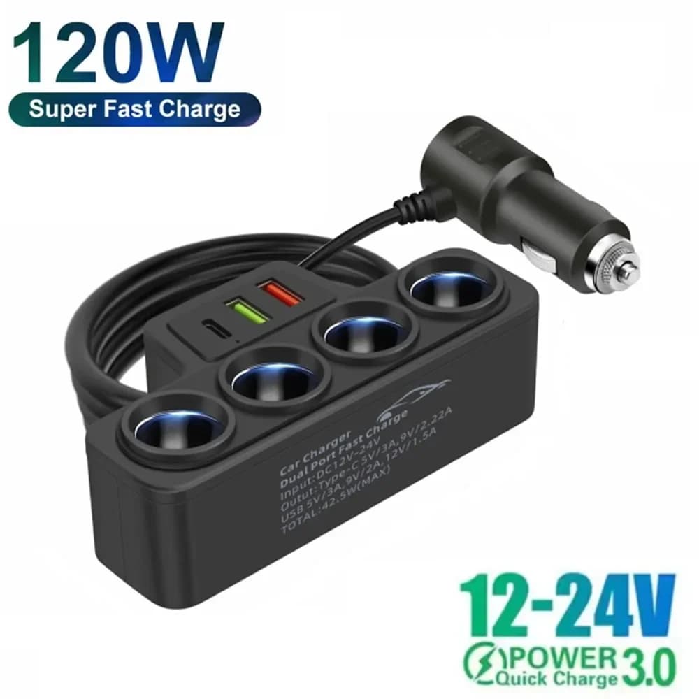 7-in-1 USB Type C Clamp 120W Auto Cigars Splitter 12V 24V Fast Charger Phone Power Adapter for Auto DVR GPS Dashcam