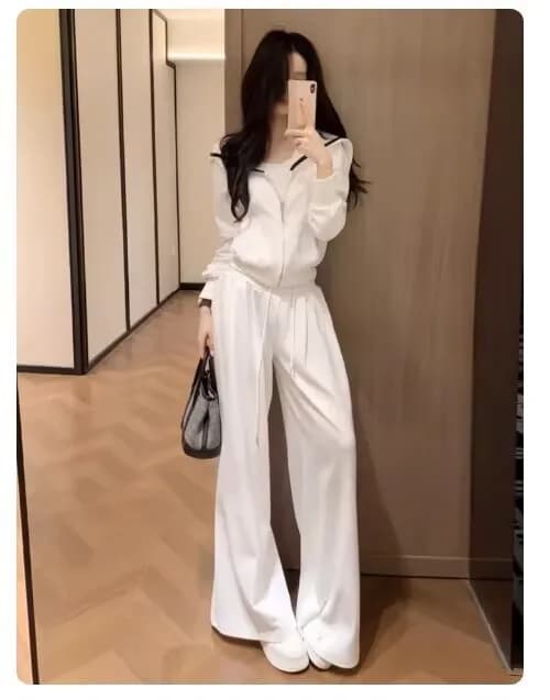 New Korean Fashion Casual Loose Women's Tracksuit Autumn Long Sleeve Zipper Hoodie Jumper + Wide Leg Pants Two Piece Set