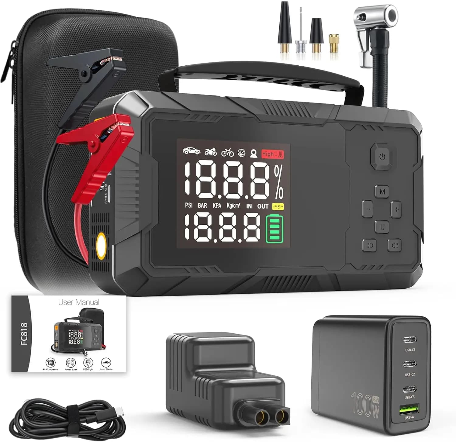 Avviatore di Emergenza 3000A con Compressore d'Aria, Power Bank 16000mAh, Gonfiatore Pneumatici 150PSI, Ricarica Rapida PD 65W