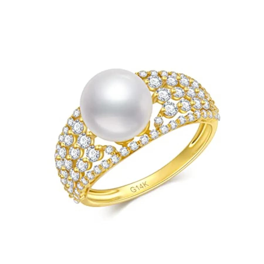 SISGEM Anello di Fidanzamento in Oro Giallo 14K con Perla d'Acqua Dolce 9MM e Zirconi 5A per Donne, Anello per Anniversario di Matrimonio