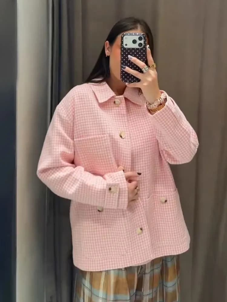 Camicia Casual da Donna HH 2026, Top Moda Rosa a Quadri con Maniche Lunghe, Colletto a Risvolto, Bottoni Singoli e Tasche Decorative