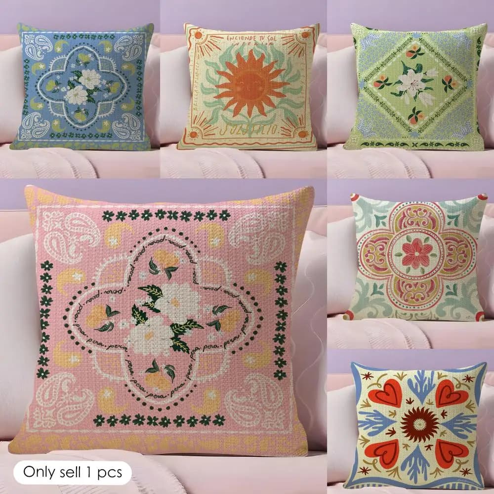Cute Cartoon Flowers Fashion Art Cushion Cover Natural Linen Organic Fabric Double-Sided Printing Sofa Home Decor Pillow Case