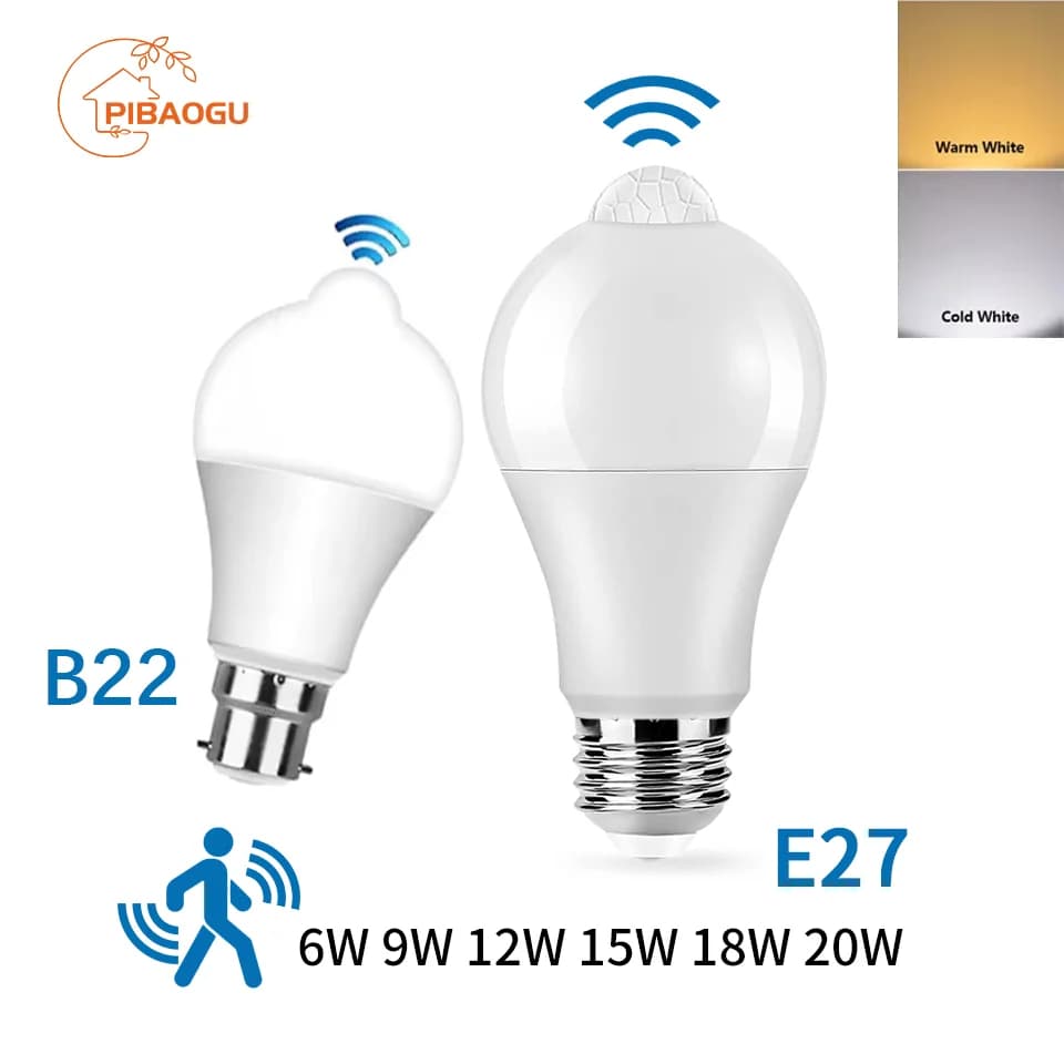E27 B22 Lampadina a LED Lampada a LED Sensore di movimento PIR AC189-265V 6W-20W Sensore PIR Luce ON/OFF automatica Luce notturna per illuminazione di parcheggio domestico