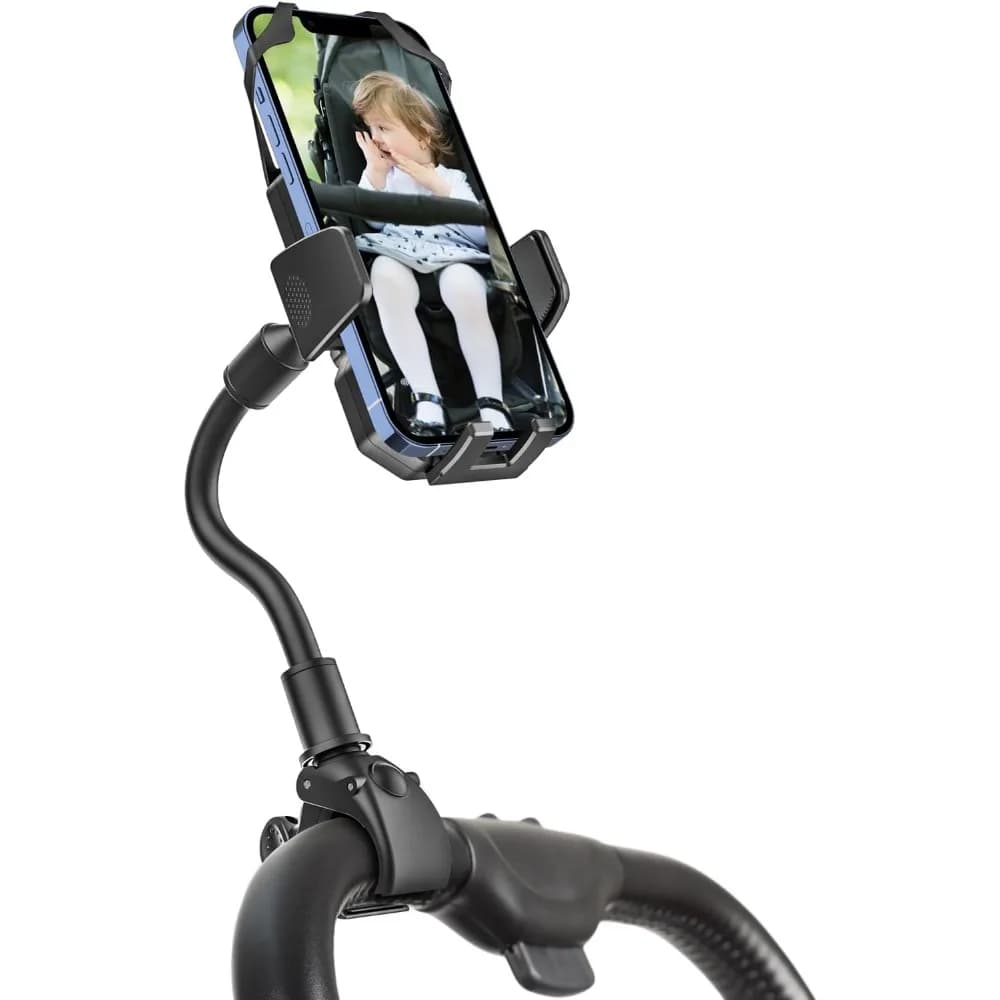 Supporto Flessibile per Telefono con Braccio a Collo d'Oca per Passeggini, Carrelli e Sedie a Rotelle, Utilizzo con Una Mano, per Smartphone da 4 a 7 Pollici