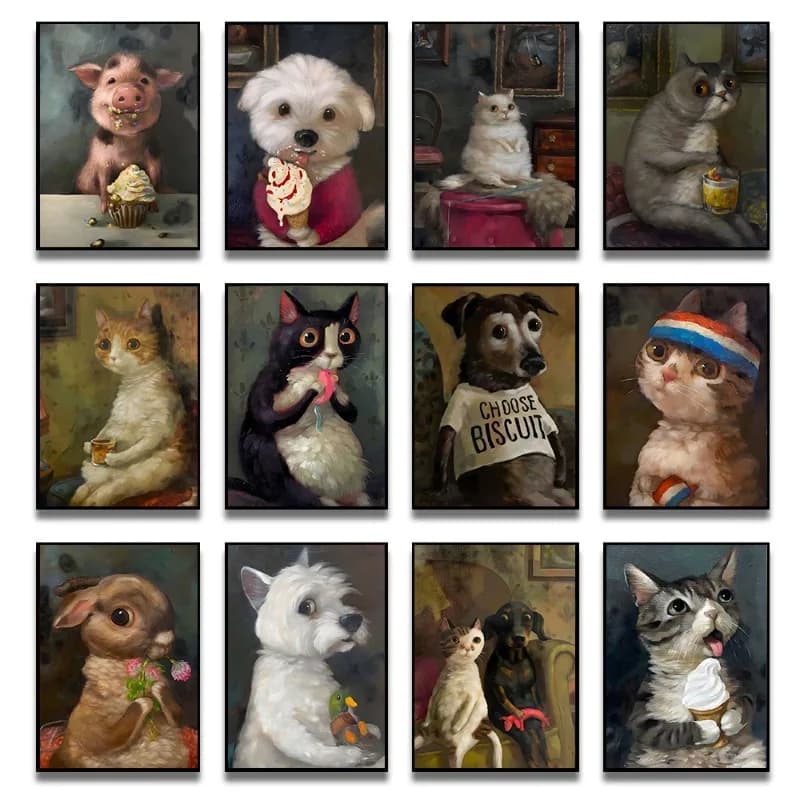 Animali divertenti Personifica Poster Stampa Gatto Cane Coniglio Criceto Mangia qualcosa Pittura su tela Wall Art per soggiorno Home Decor