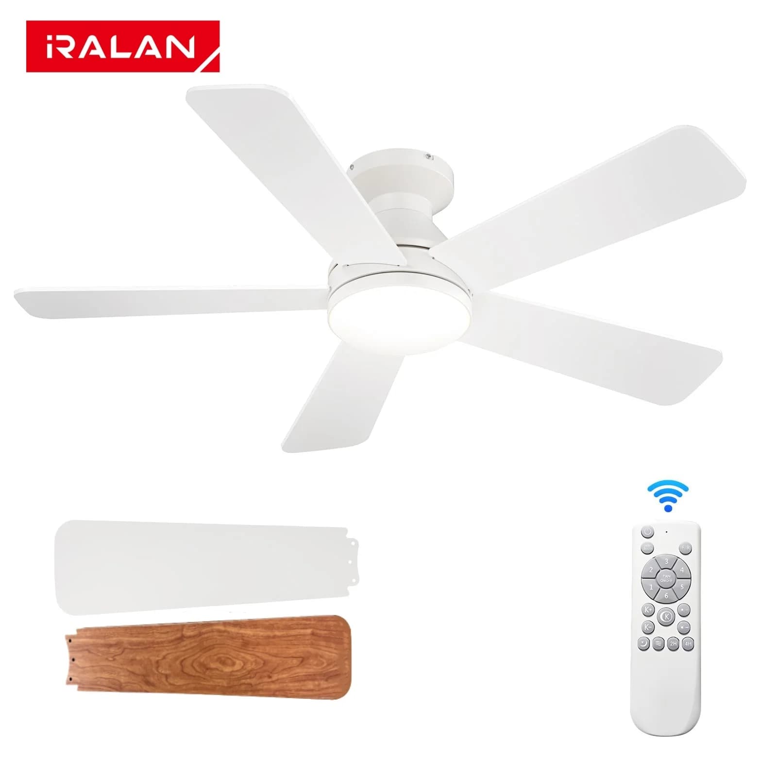 Ventilatore da Soffitto a Basso Profilo con LED 55W, Facile Installazione, Lampada Ventilatore a 5 Pale per Casa, Ventilatore da Soffitto a Incasso con Luce, Legno/Bianco