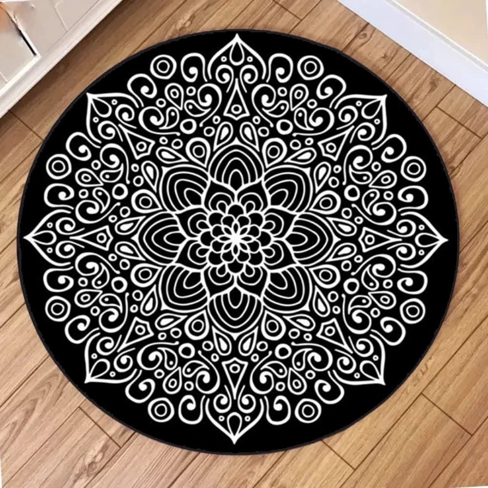 Boho Mandala Round Carpet, Ethnic Anti-slip Mat for Living and Bedroom, Vintage Style Carpet for Home and Yoga Practice