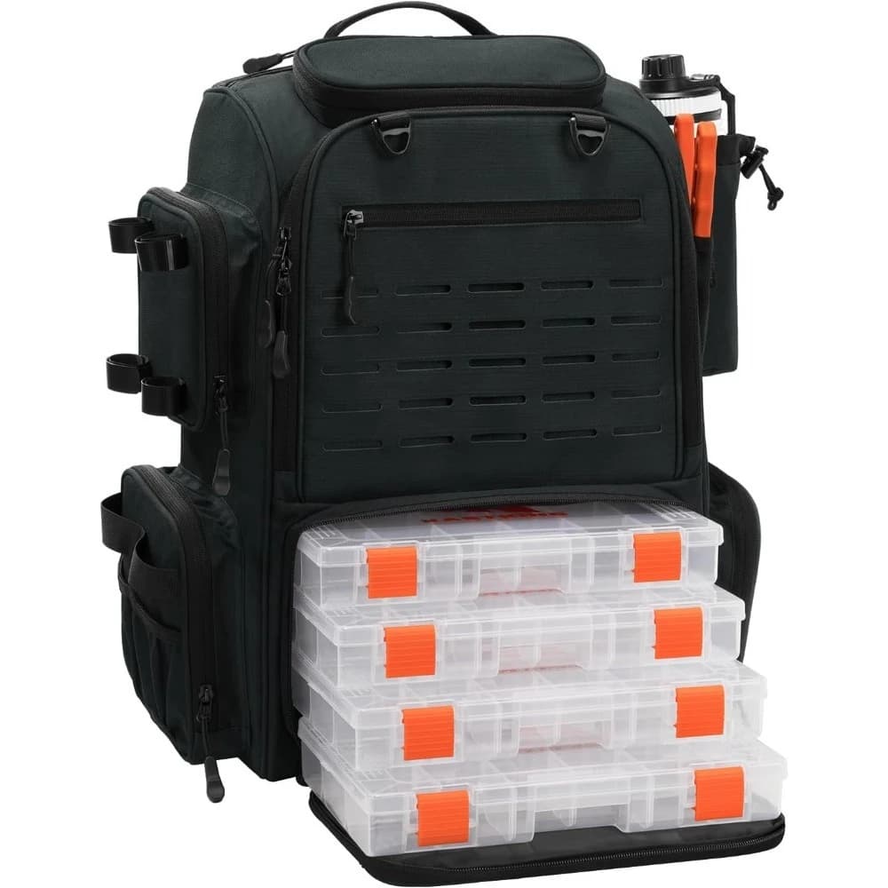 Bait Boss Fishing Equipment Backpack with Canne-4 Boxes for Rain Cover Equipment, Large Fishing Space 43 Liters - Free Delivery