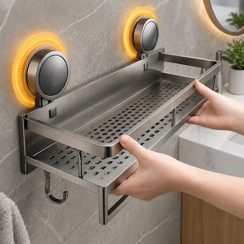 Wall-Mount Aluminum Bathroom Shelf with Suction Cup Hooks, No-Drill Storage Rack for Shower and Toilet Essentials