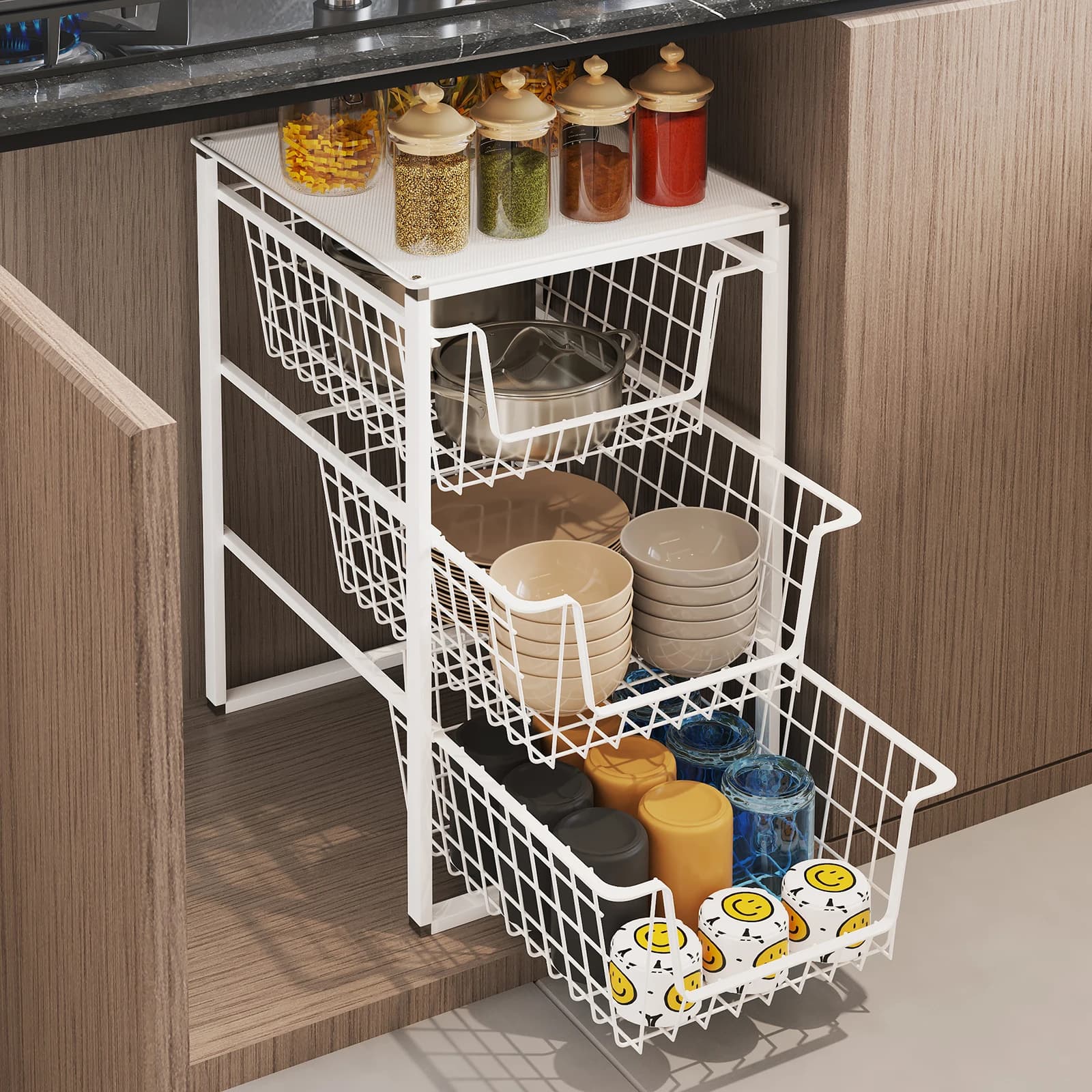 Kitchen Pull-Out Storage Rack with Built-In Dividers, Multi-Layer Pull-Out Basket for Bowls and Plates, Storage for Condiments, Seasoning Cabinet, Utensil Rack