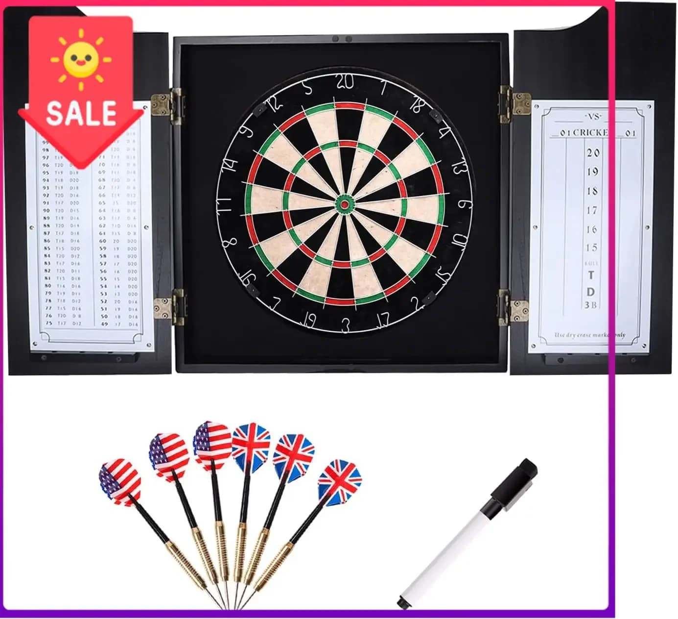 Pro Solid Wood Classic Dartboard Cabinet Set, Black | 18" Self-Healing Sisal/Bristle Dartboard, Scoreboard & 6 Steel Tip Darts