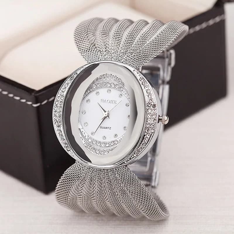 Women's Watch with Fashion Knit Strap Gold Oval Wrist Watch with Quartz Strap Women's Wrist Watch with Rhinestones Women's Wrist Watch