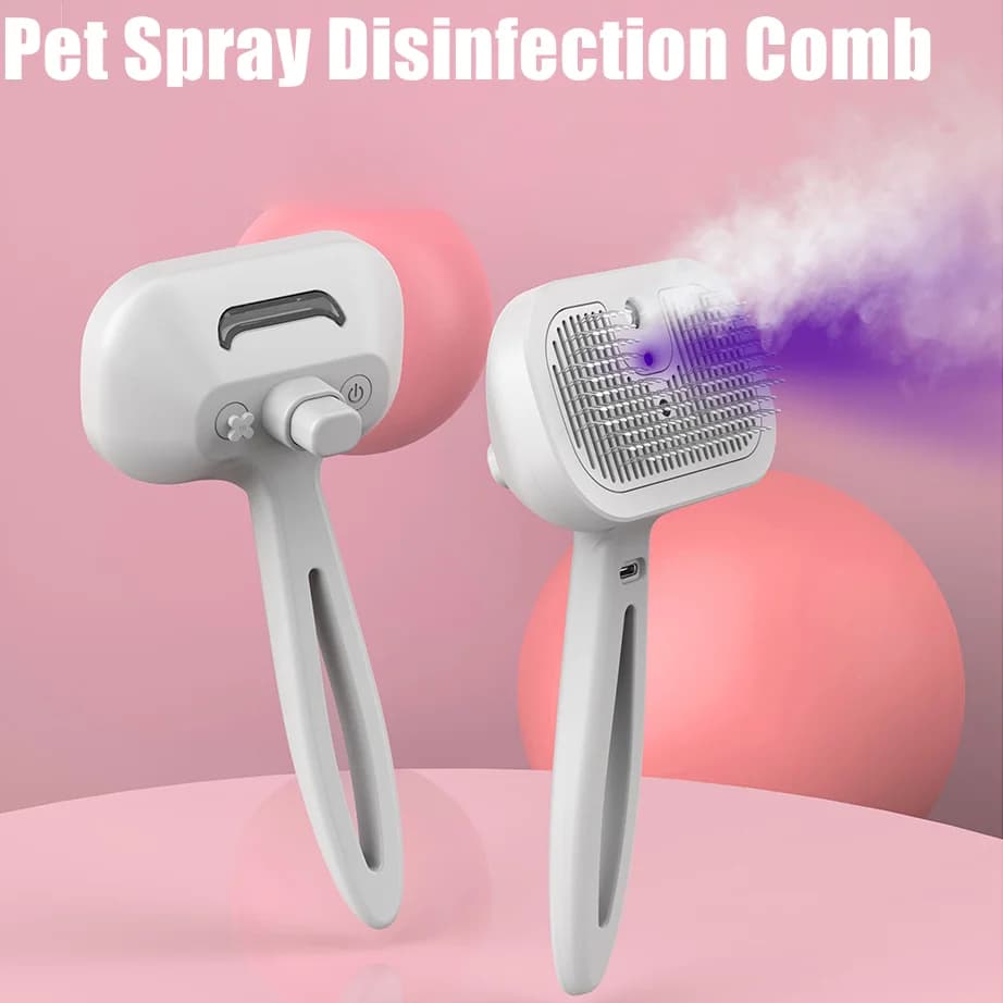 USB-C rechargeable steam brush for pets, self-cleaning massage comb with disinfecting spray for hair care
