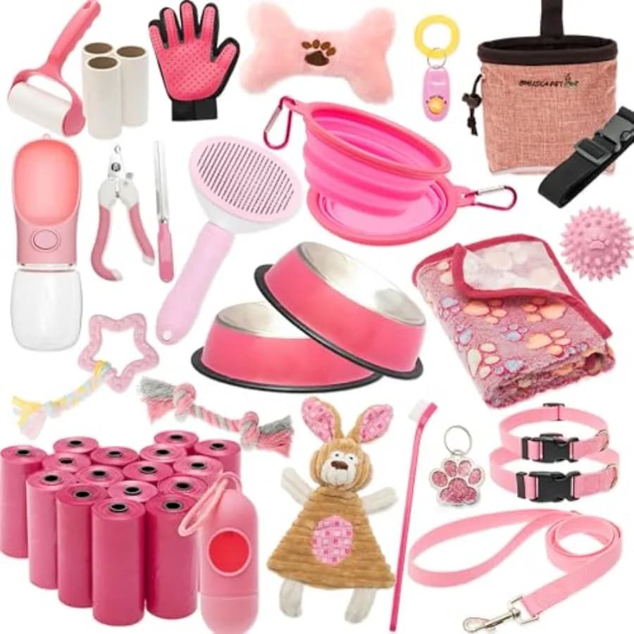 Kit Essenziale per Cuccioli - Set Completo con Giocattoli Sonori, Collare, Guinzaglio, Sacchetto per Snack, Sacchetti per Escrementi, Coperta e Ciotole
