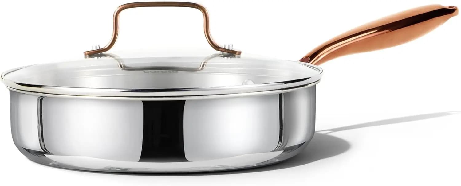 10' stainless steel triple pan with cover, non-toxic, safe for oven, compatible with induction and gas, silver