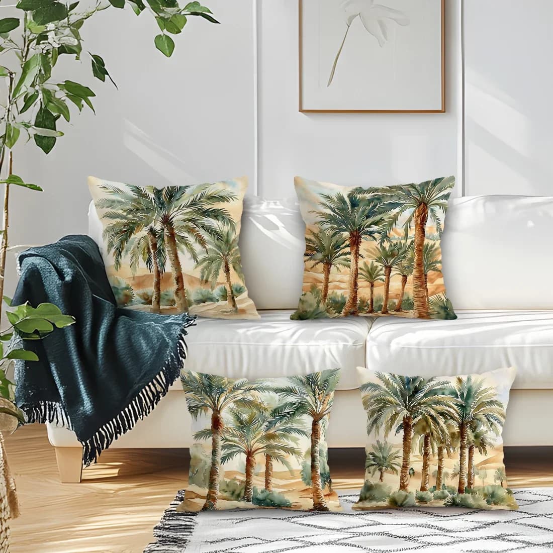 Set di 4 Copricuscini con Stampa di Palme del Deserto, Monofacciali, 40/45/50CM, Federe per Cuscini Decorativi per Divano e Casa