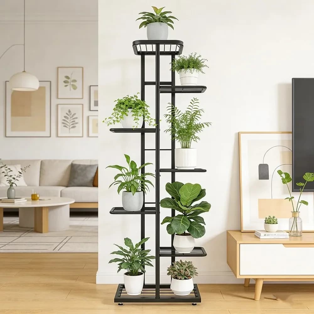 Supporto per Piante in Metallo per 8 Vasi, Scaffale Verticale per Fiori, Ripiano Resistente in Ferro Antiruggine per Interni ed Esterni