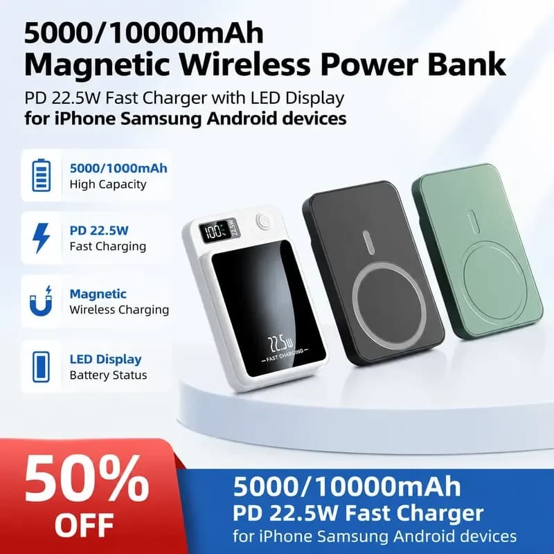 5000/10000mAh Magnetic Wireless Power Bank PD 22.5W Fast Charger with LED Display for iPhone Samsung Android devices