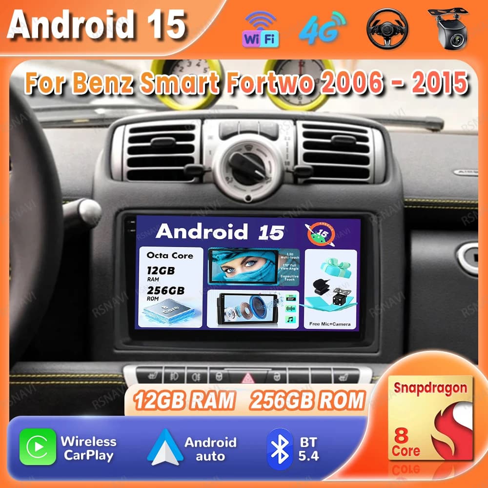 Autoradio Android 15 Per Benz Smart Fortwo 2006 - 2015 Navigazione Stereo Senza Fili Carplay Auto Multimedia GPS DSP Autoradio QLED