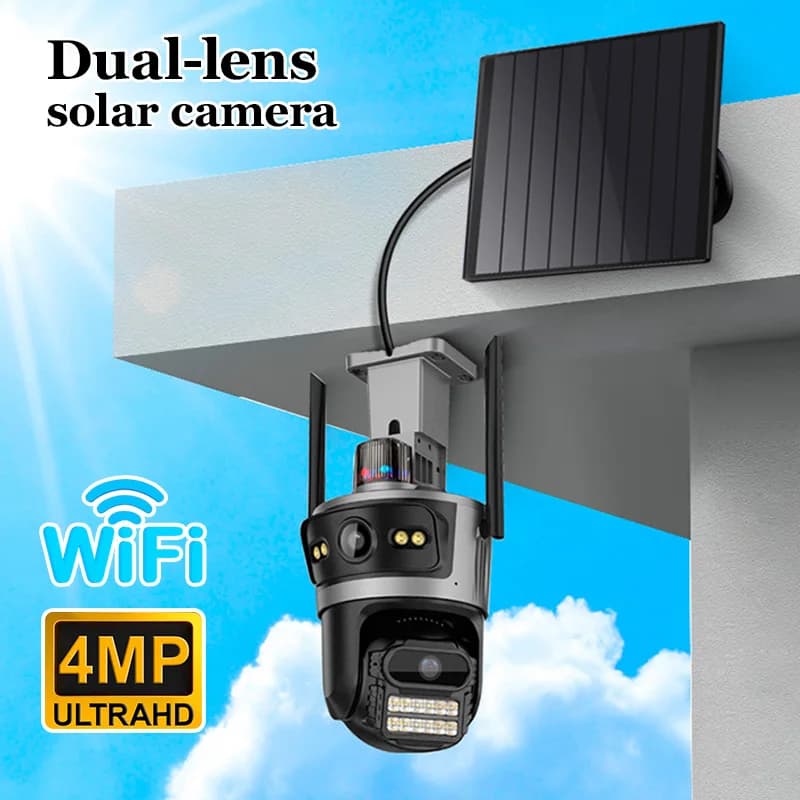 Telecamera solare 2K AOV 24 ore Video doppia lente Solare a bassa potenza Zoom 10X WIFI Telecamera esterna Pannello solare 9W 15600mAh iCSee