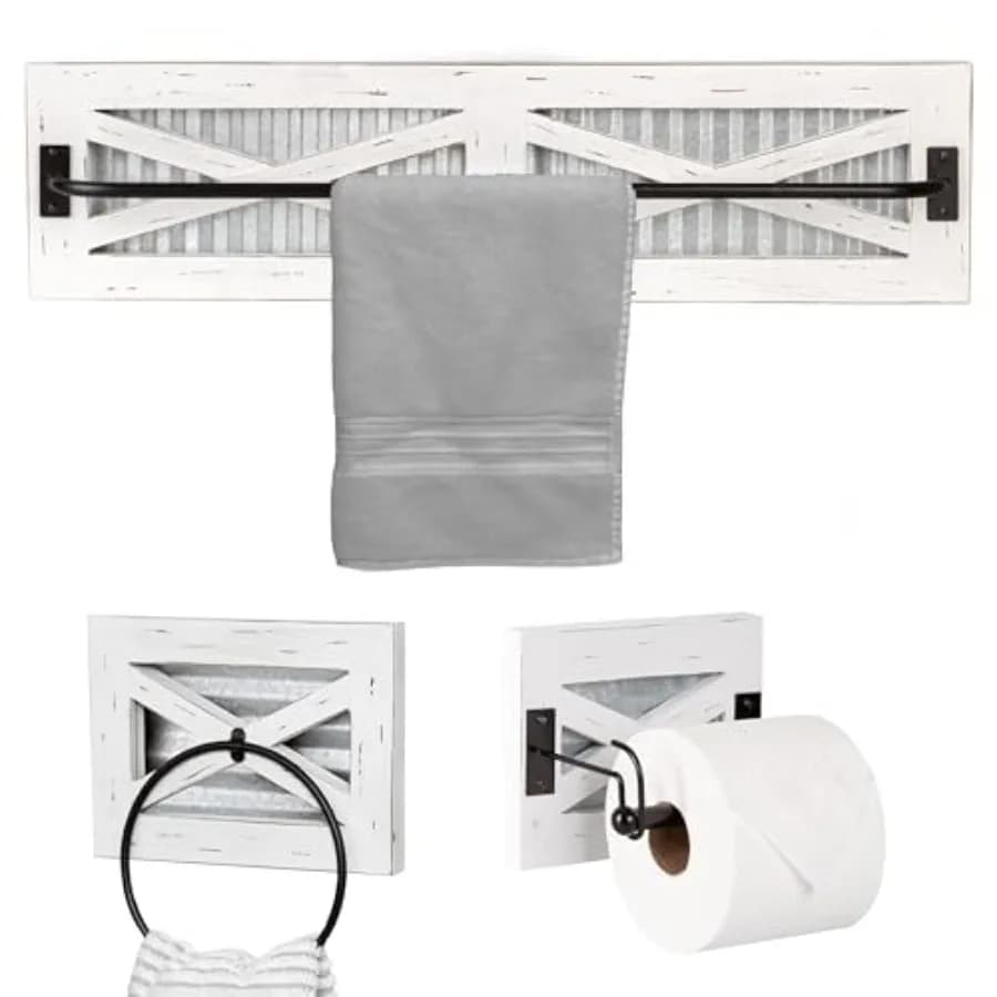 Rustic Towel Bar Toilet Paper Holder Set with Towel Ring for Bathroom- Wall Mounted Bathroom Racks - Weathered Wood, Galvanized