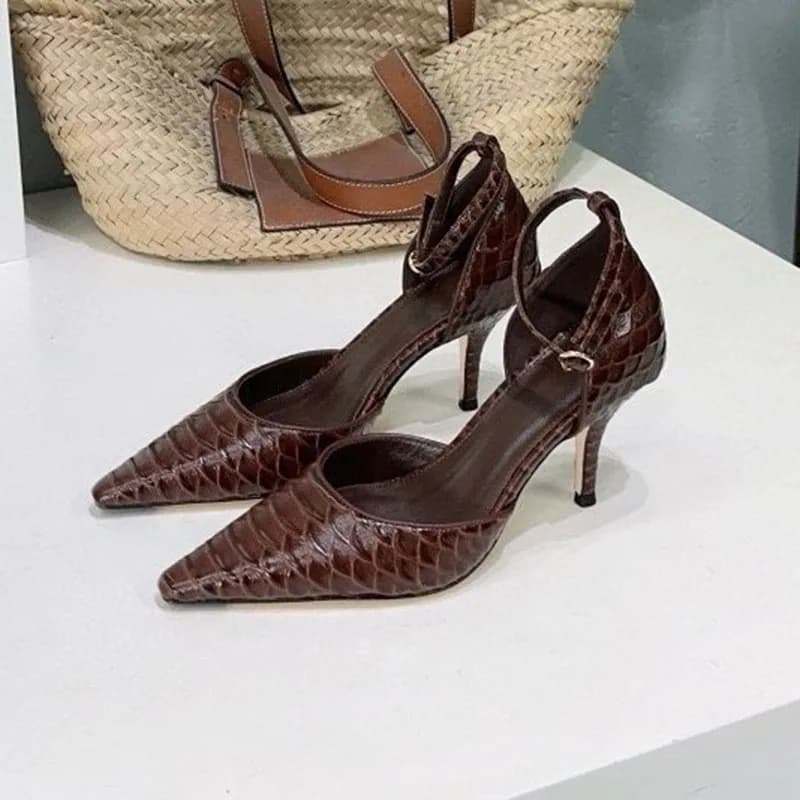 Dress Shoes Pointed Toe Genuine Leather Back Strap Sandals Women Solid Color High Heel Sandalias Ladies Sexy Party Banquet Pumps