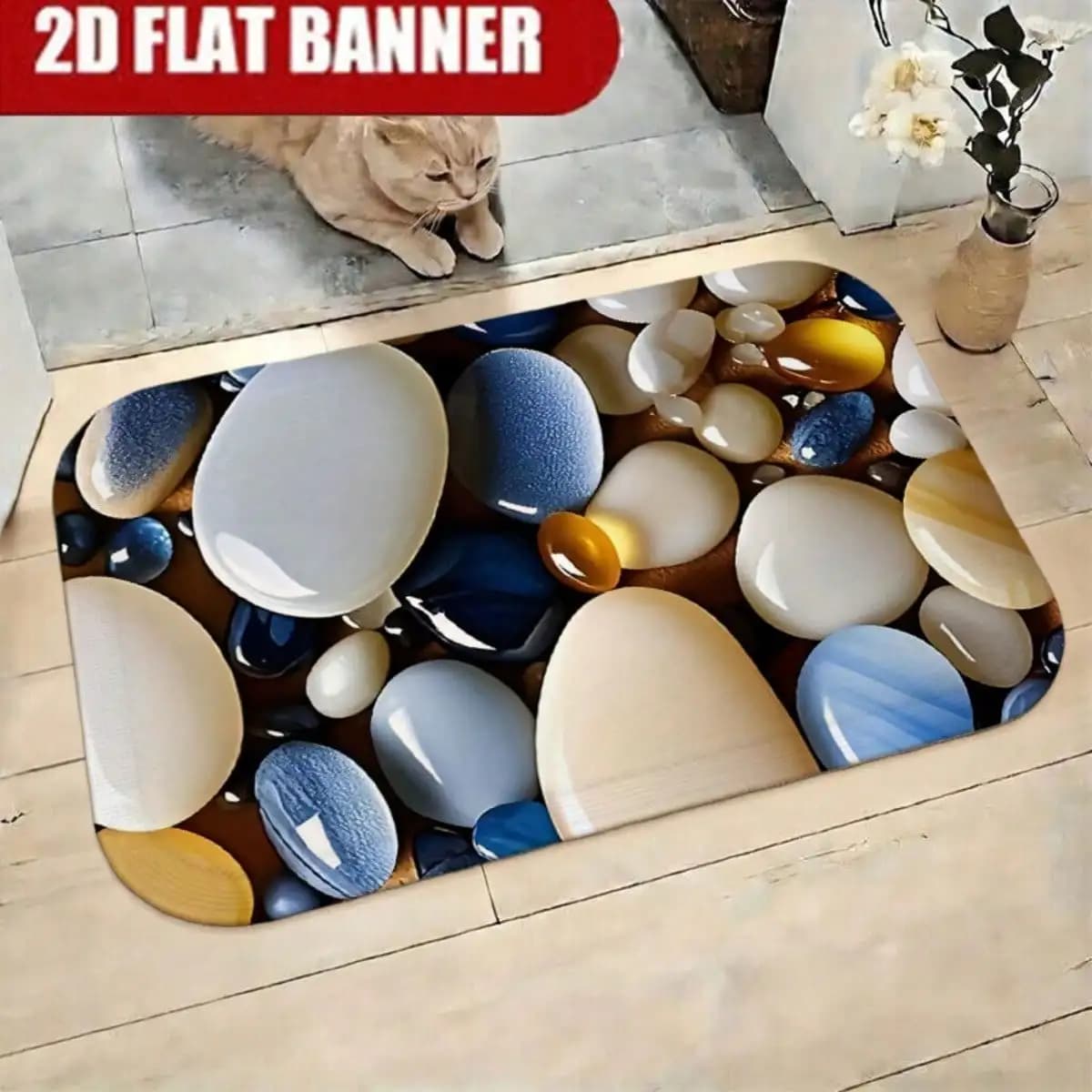 2D Flat Printed 1pc Pebble Texture Non-Slip Floor, Three-Dimensional Visual Art Pattern Flannel Doormat, Suitable Bathroom, Living Room, Entrance, Home Decoration, Housewarming DWTL