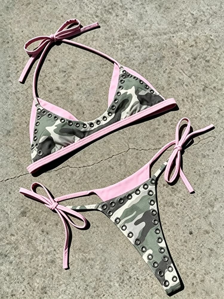2026 new fashionable European and American style camouflage rivet strap split female sexy hanging neck three-point spicy girl bi