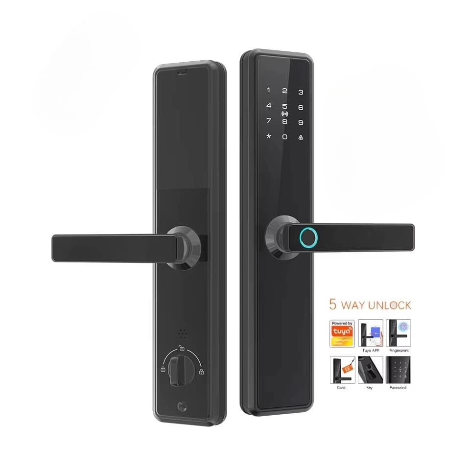 Serratura intelligente per porta in legno con app Wifi Tuya Telecomando Impronta digitale Tastiera digitale Codice NFC Basso MOQ per serratura Smart House