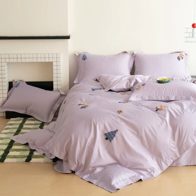 Set di Biancheria da Letto di Lusso con Ricamo Cartoon, 600TC in Cotone a Fibra Lunga, Set Copripiumino, Lenzuolo Piatto/Con Angoli e Federe
