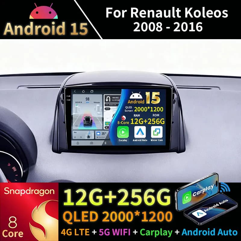 Android 15 Car Radio For Renault Koleos 2008 - 2016 GPS Multimedia Player Navi Wireless Carplay Auto QLED Video Head Unit Stereo