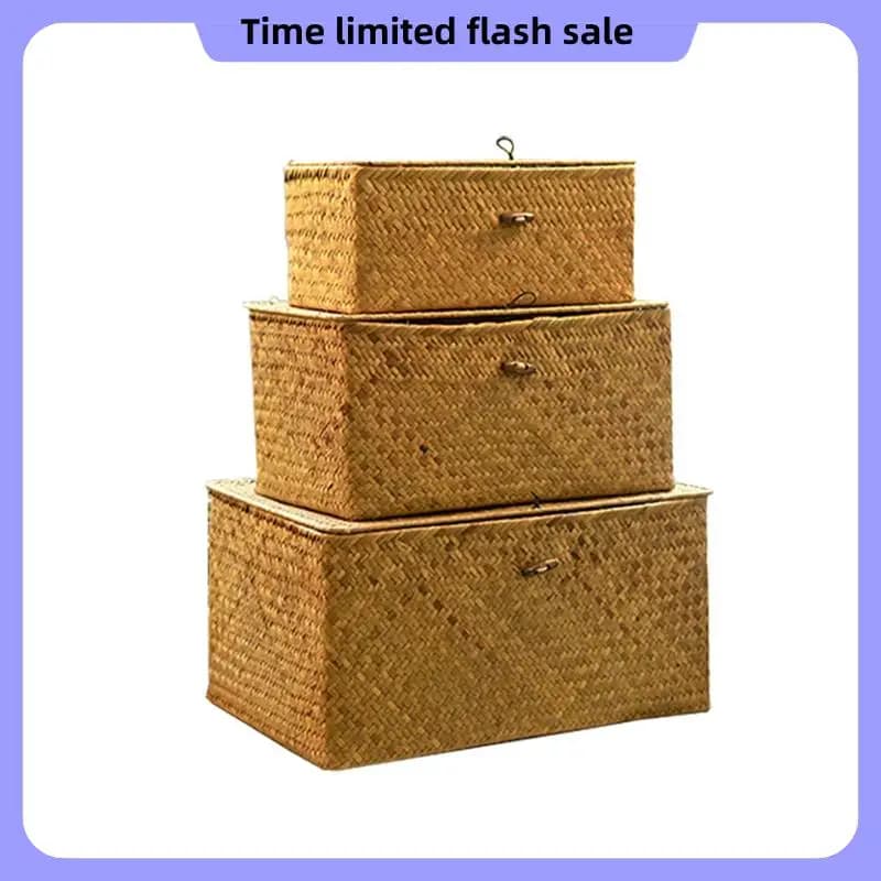 A40T Handmade Straw Woven Storage Basket With Lid Makeup Organizer Storage Box Seagrass Laundry Baskets Rattan Jewelry Box