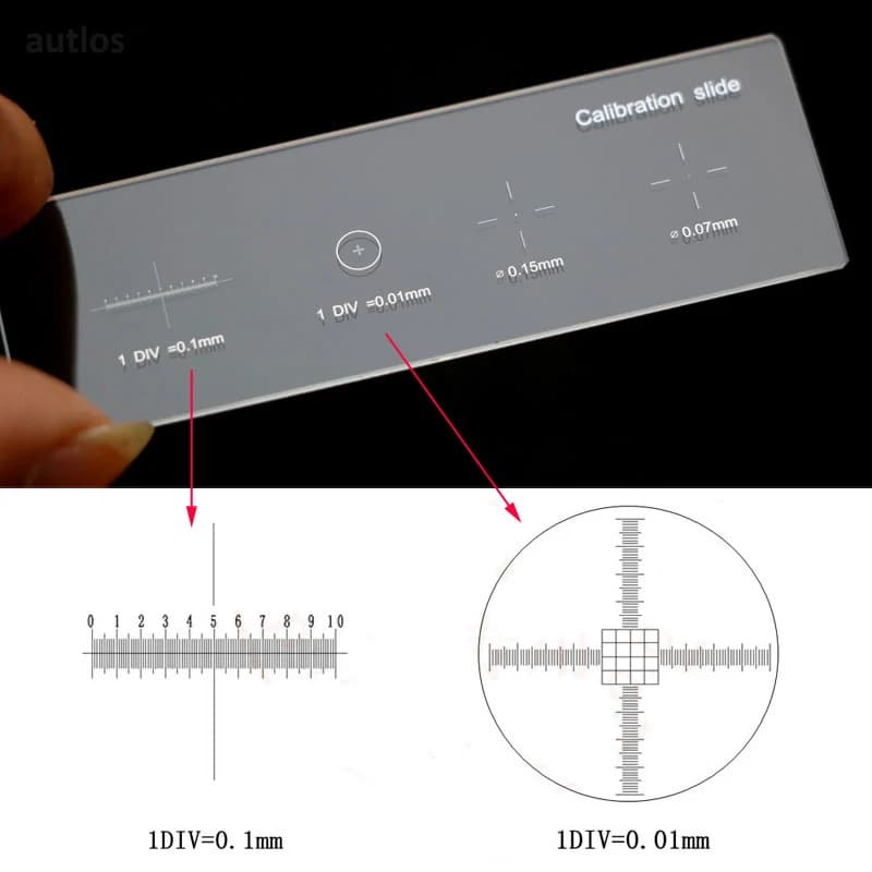 926 Vetrini per microscopio da 0,01 mm Reticolo di calibrazione Righello per diapositive Microscopio a croce Calibrazione Micrometro da palco