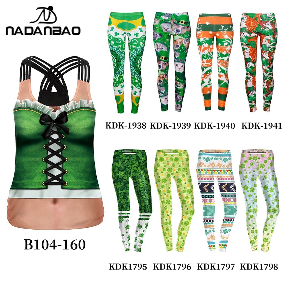 Nadanbao Women Shamrock Pants Set St. Patrick's Day Sleeveless Cross Tank Top Four Leaf Clover Print Leggings Elastic Trousers