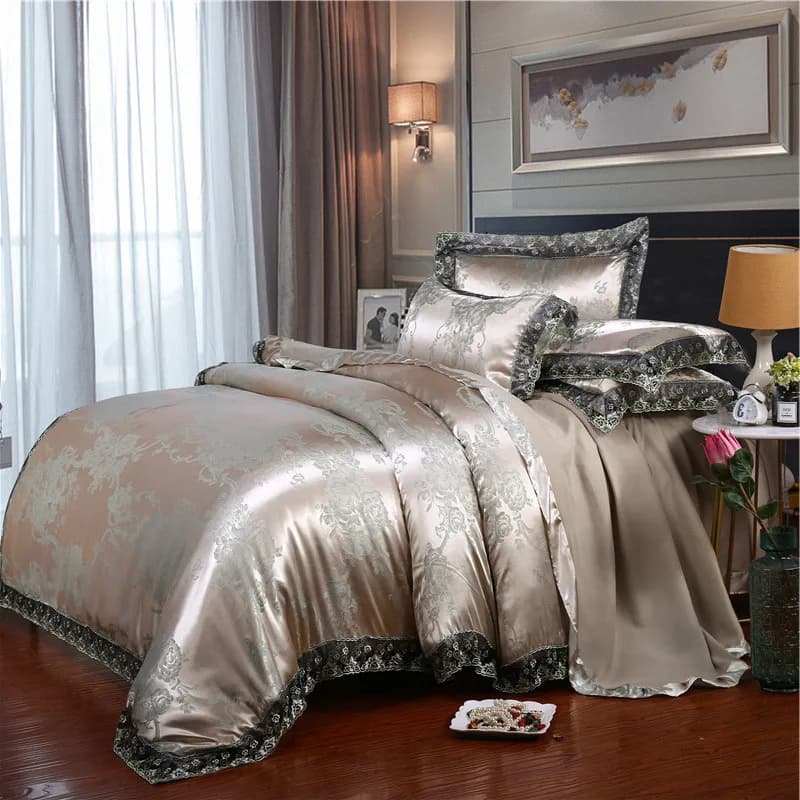 Set di Biancheria da Letto di Lusso Classico Europeo 4 Pezzi, Copripiumino in Jacquard Tencel Modal con Lenzuolo e Federe in Pizzo per Letti King e Queen Size