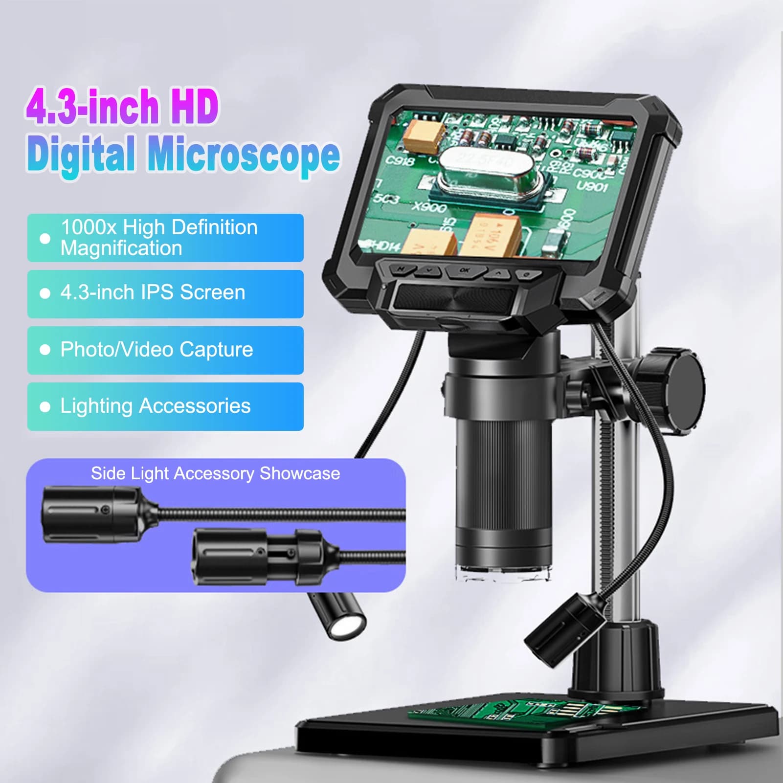 Microscopio Digitale 4.3" con Ingrandimento 1000X, Alta Definizione 1080P, Microscopio per Monete con Fotocamera 10MP, Schermo LCD e Luci LED