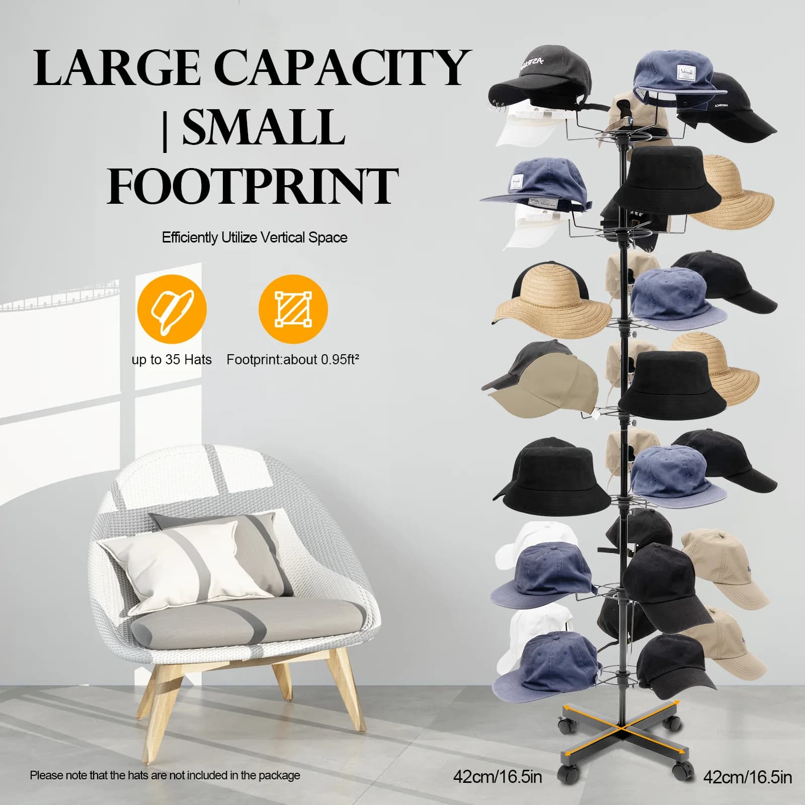 Black Iron 7-Tier Rotating Hat Organizer With Universal Wheels Freestanding Wig Cap Storage Display Rack