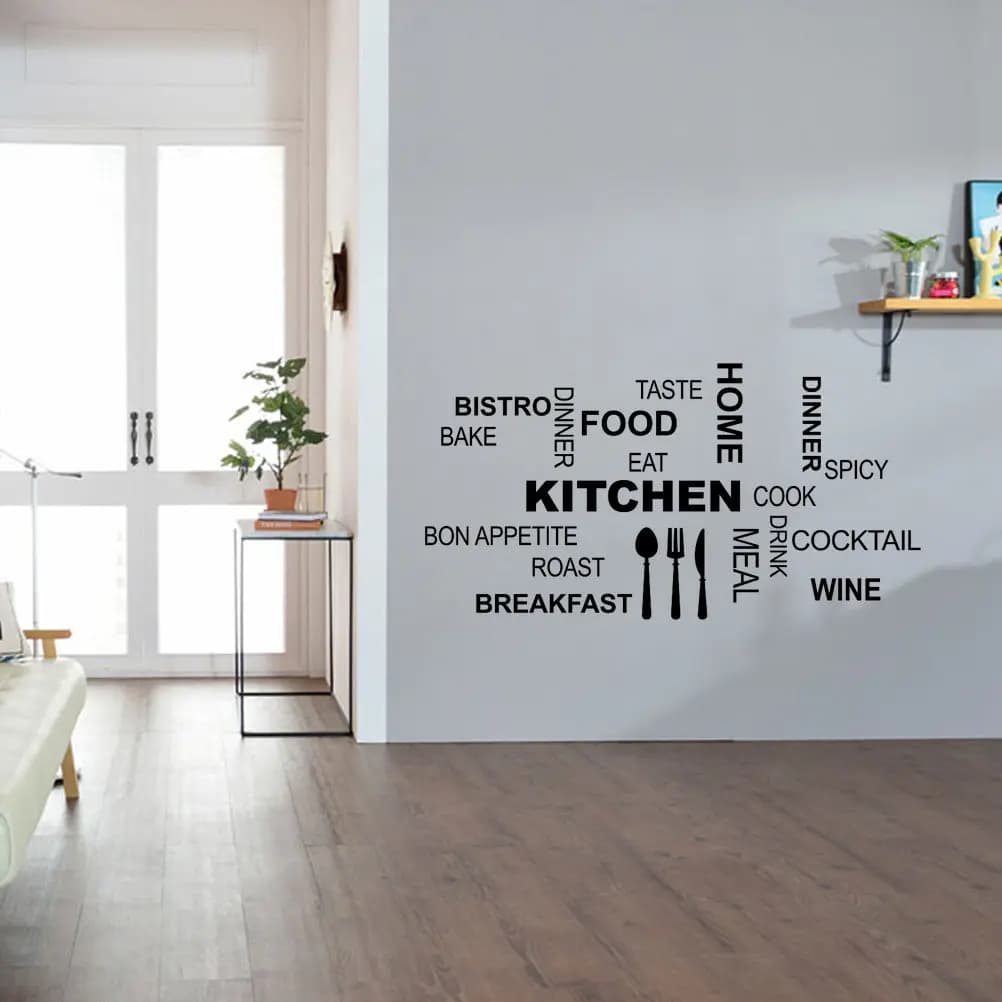Adesivo da parete decorativo con coltello e forchetta, 58x20 cm, impermeabile, rimovibile, in vinile PVC, per decorazioni murali da cucina e casa.