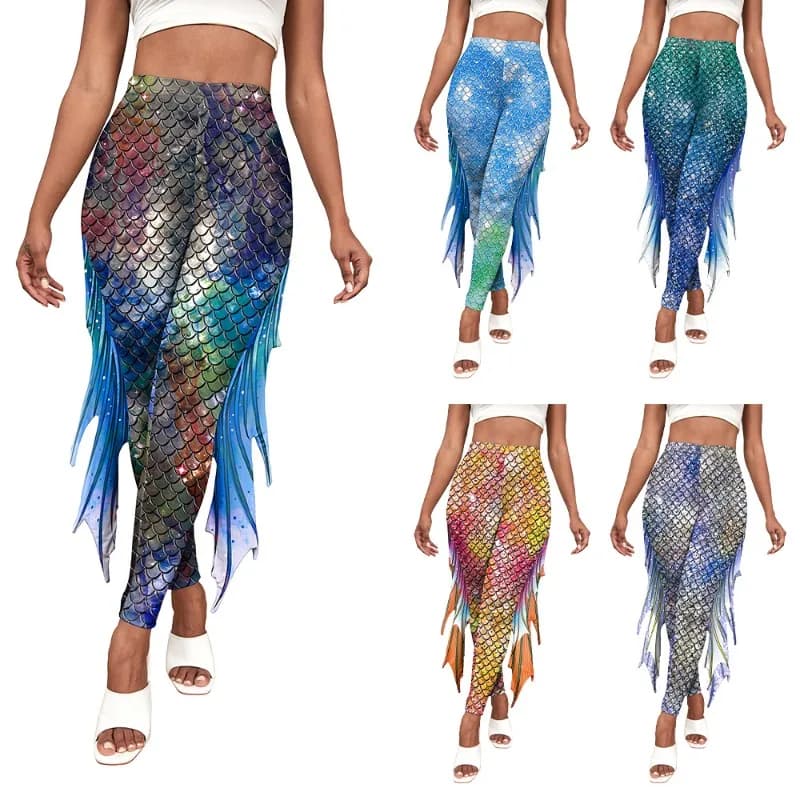 Women Digital Print Mermaid Flare Leggings High Stretch Bootcut Pants Outdoor Daily Casual Trousers